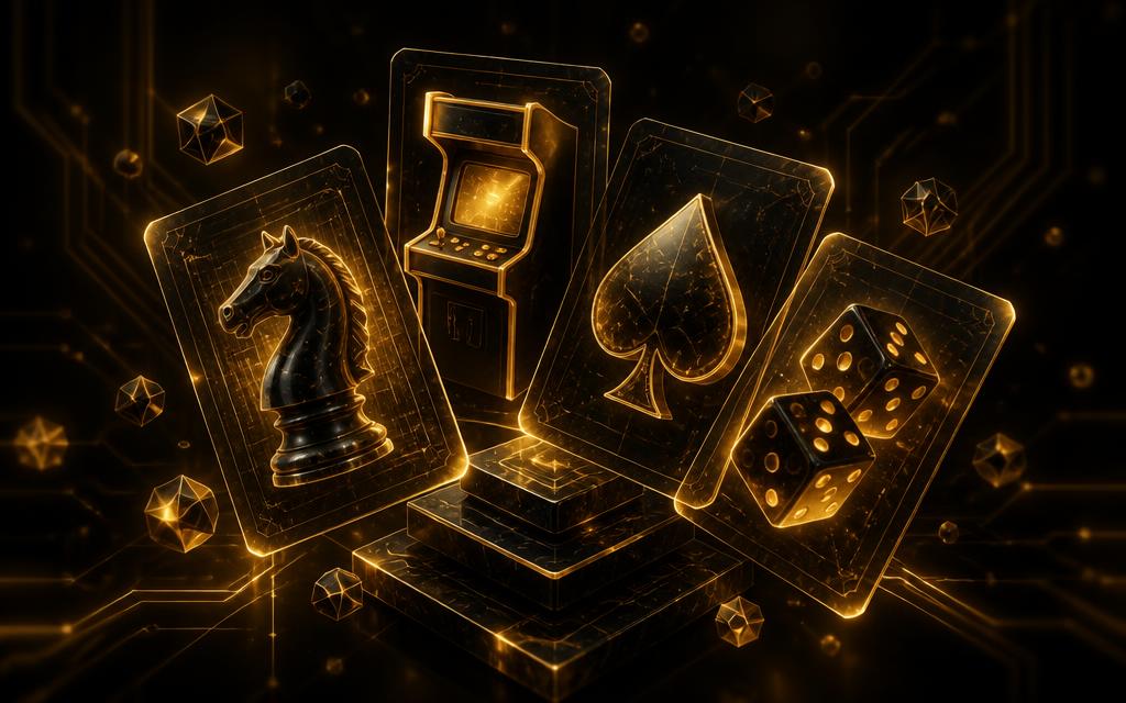 Holographic collage of LOVE Gaming Hub titles: chess, retro arcade, poker and dice